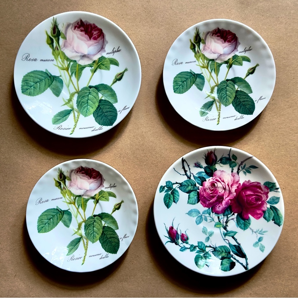1990s Vintage Roy Kirkham Roses Bone China Small Plates Saucers Set of 4